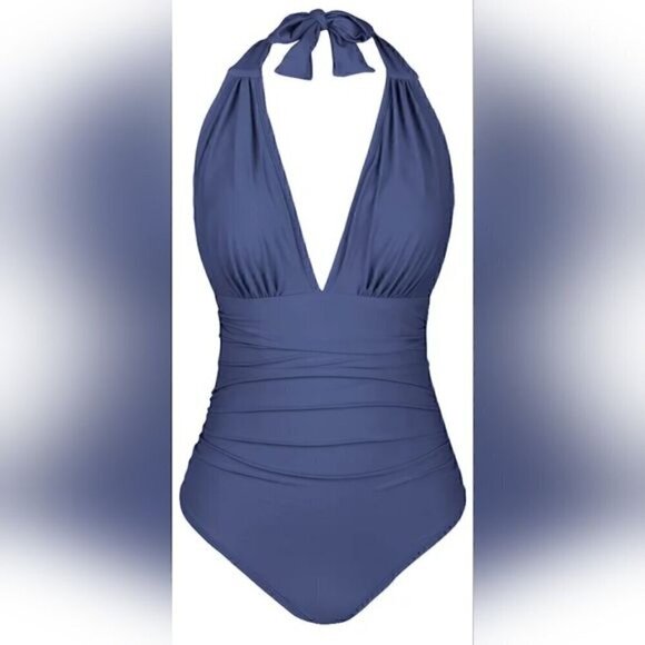 61.🆕Med Cupshe One Piece Halter Deep V Neck Swimsuit With Tummy Control Navy - Picture 4 of 5